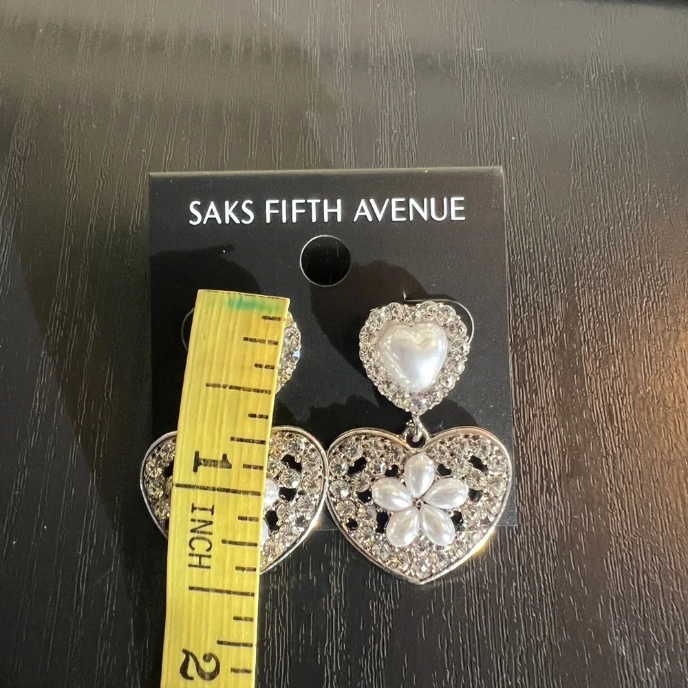 Saks Fifth Avenue Silver and White Heart Drop Earrings